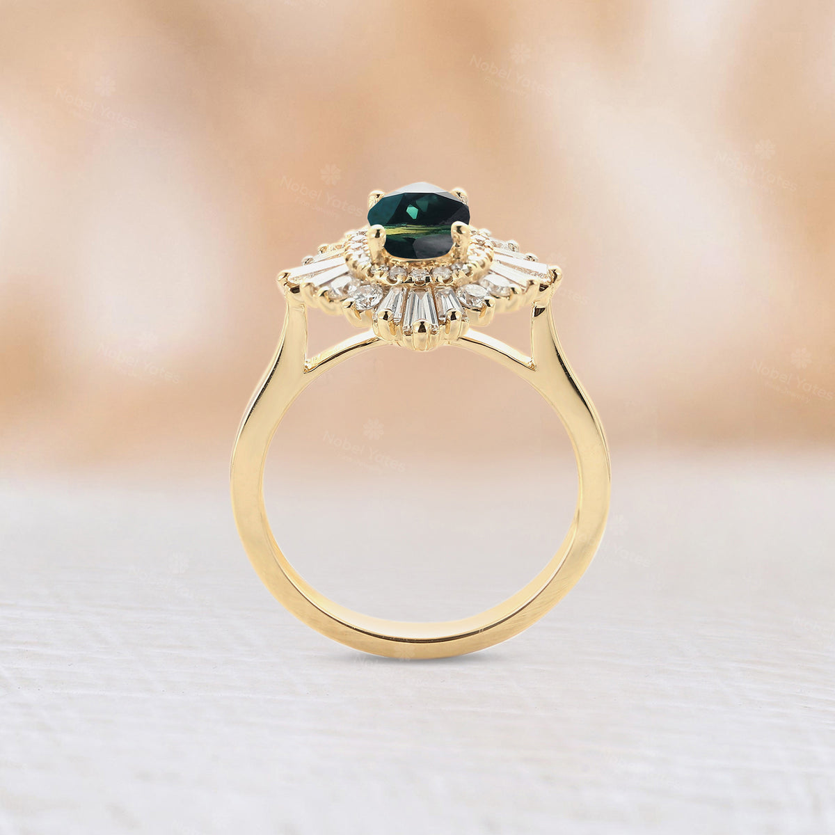 Oval Teal Sapphire Art Deco Engagement Ring Baguette Diamond Halo Ring