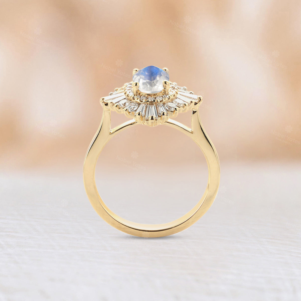 Art Deco Blue Moonstone Halo Engagement Ring Oval Shape Plain Rose Gold