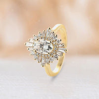 Art deco Oval Moissanite Starburst Halo Engagement Ring Yellow Gold