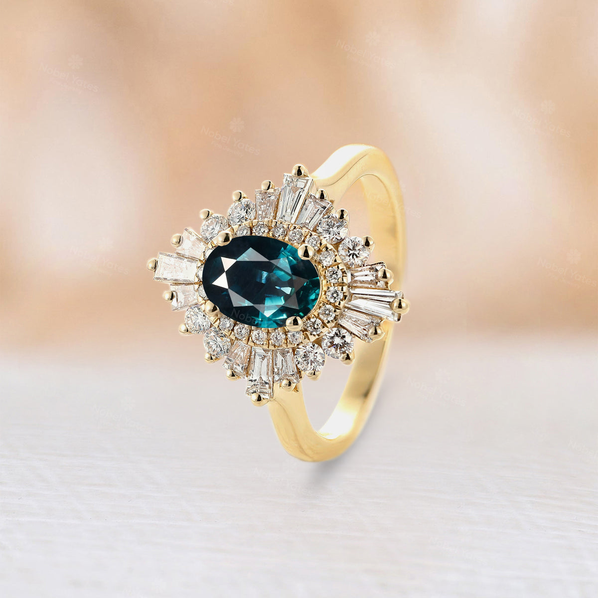 Oval Teal Sapphire Art Deco Engagement Ring Baguette Diamond Halo Ring