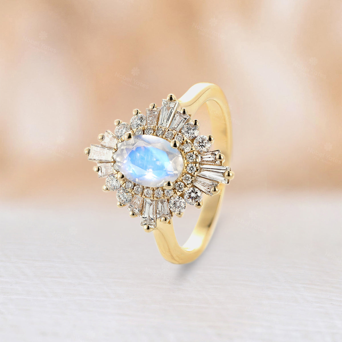 Art Deco Blue Moonstone Halo Engagement Ring Oval Shape Plain Rose Gold