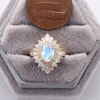 Art Deco Blue Moonstone Halo Engagement Ring Oval Shape Plain Rose Gold