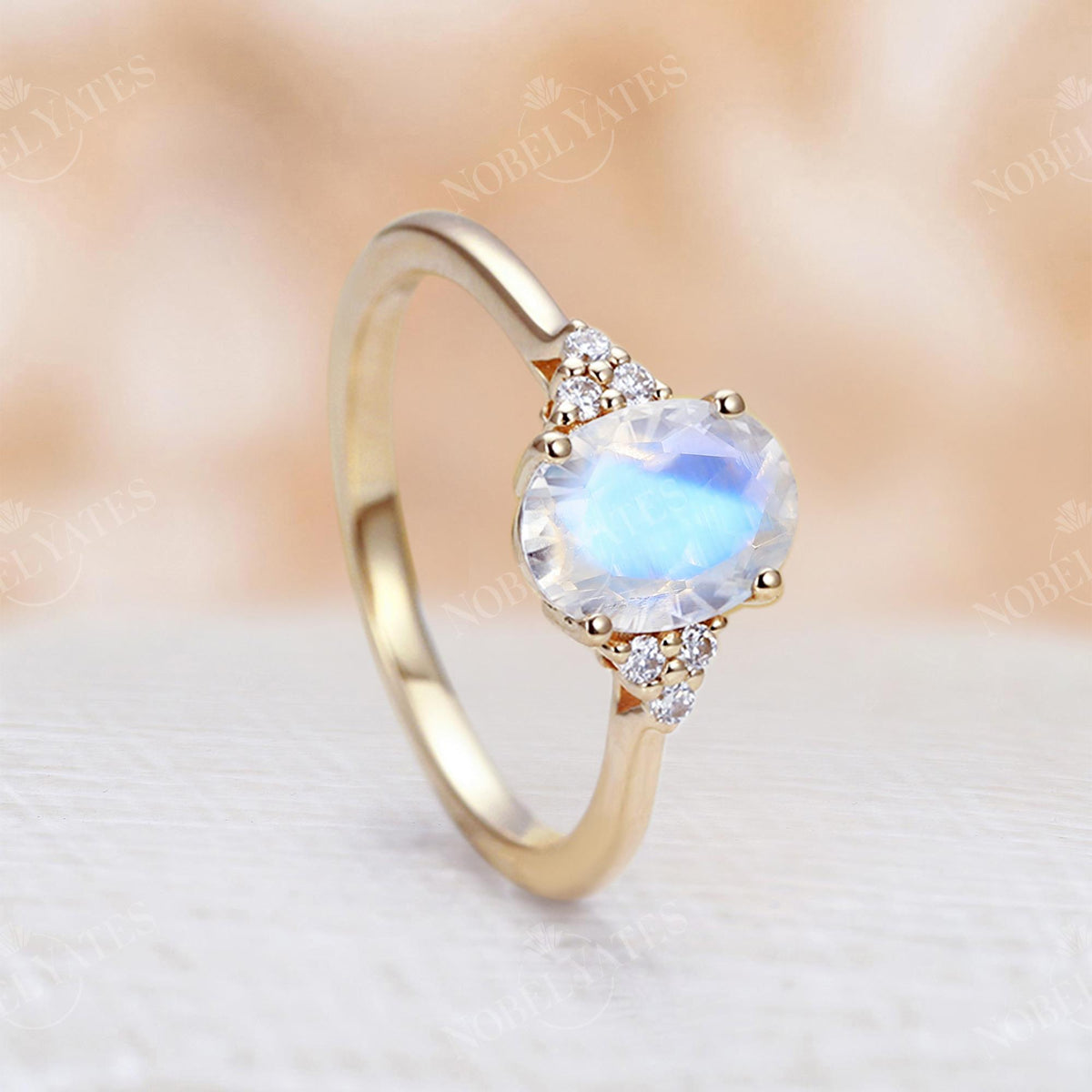 Vintage Oval Moonstone Side Stone Engagement Ring Yellow Gold