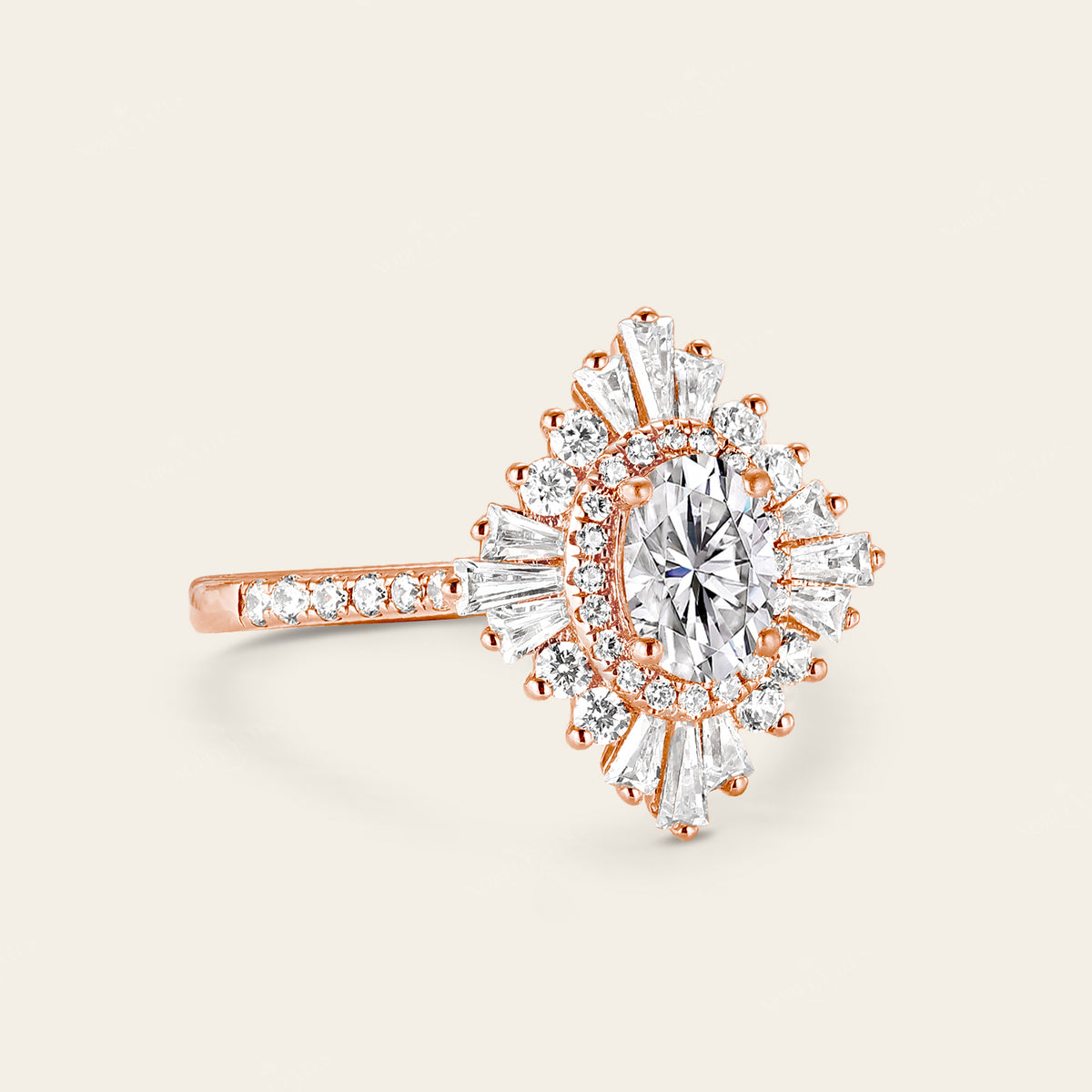 Art deco Oval Moissanite Starburst Engagement Ring