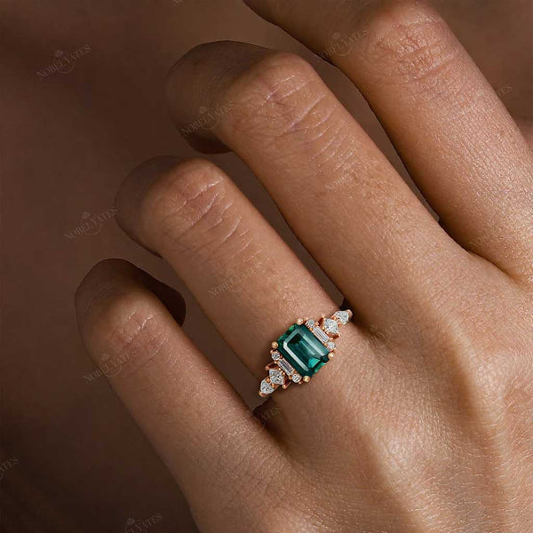 Art Deco Emerald Cut Lab Emerald Engagement Ring