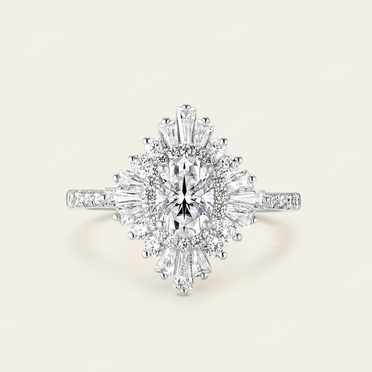 Art deco Oval Moissanite Starburst Engagement Ring