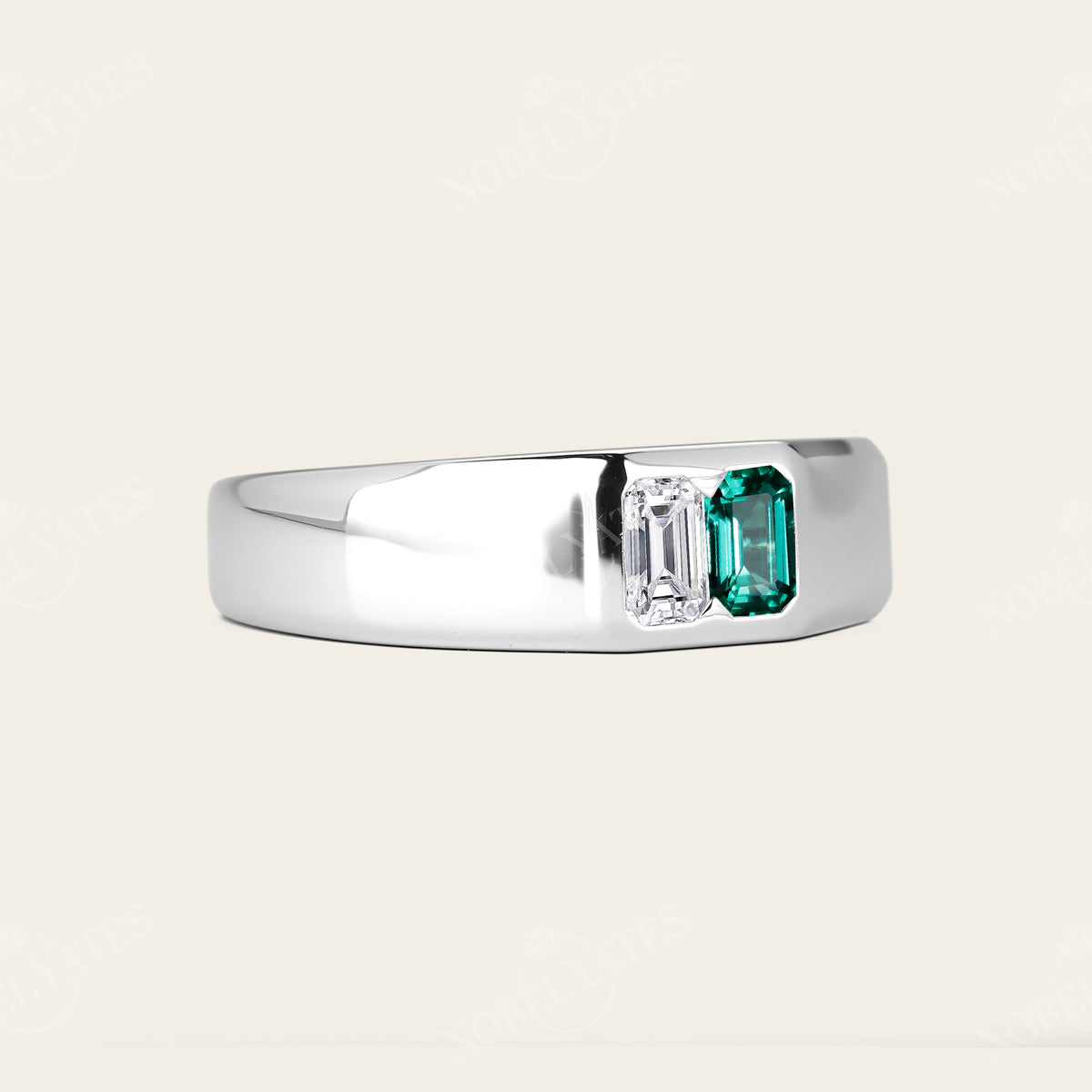 Emerald Cut Lab Diamond & Emerald Toi et Moi Men's Ring