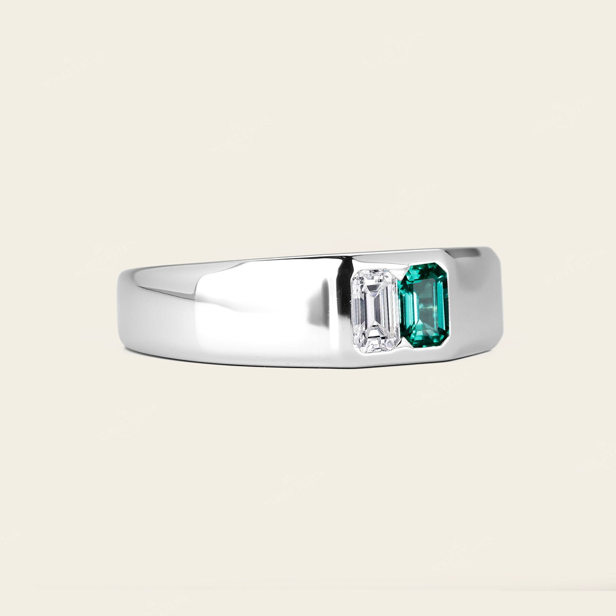 Emerald Cut Lab Diamond & Emerald Toi et Moi Men's Ring