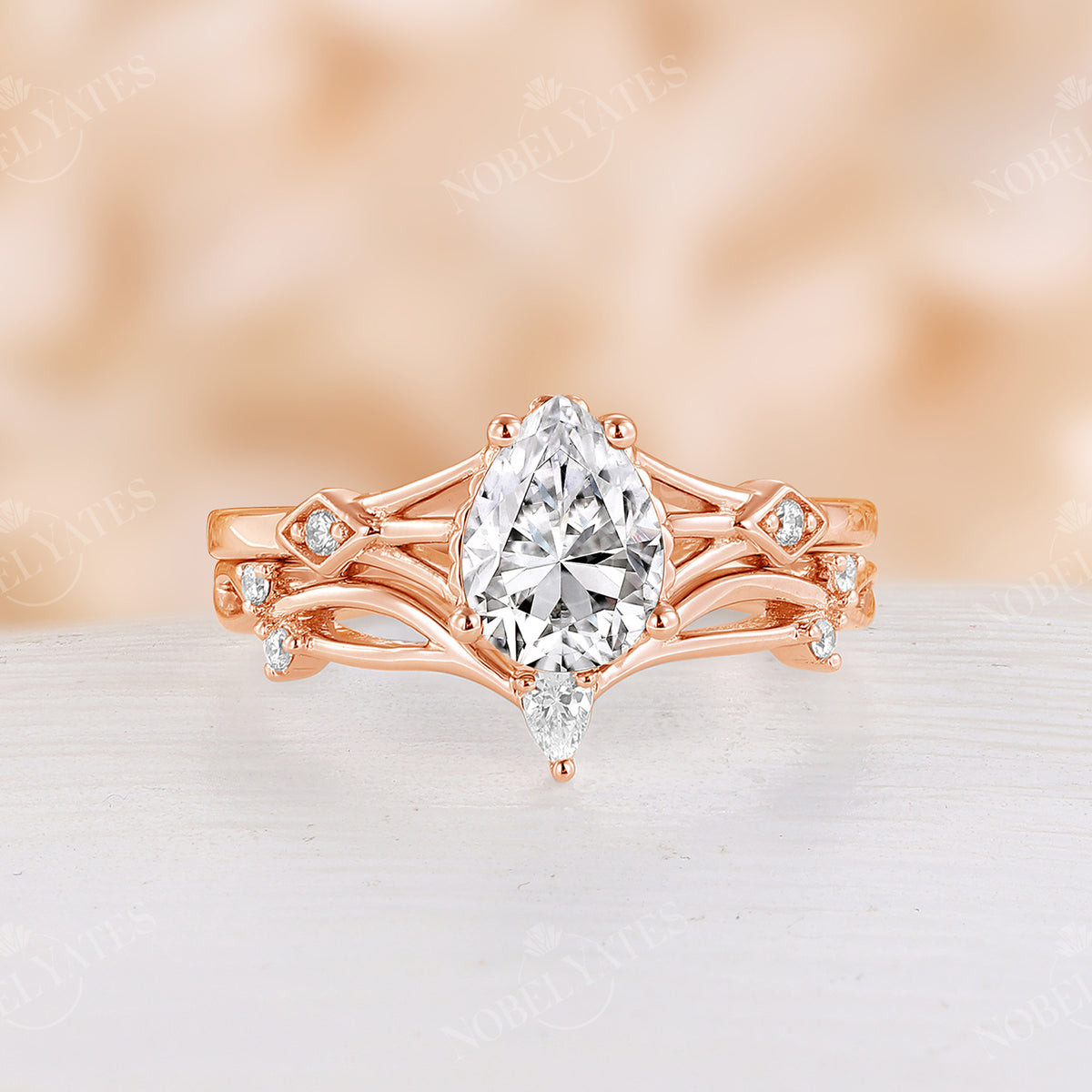 Pear Moissanite Vintage Engagement Ring Set Split Band Rose Gold
