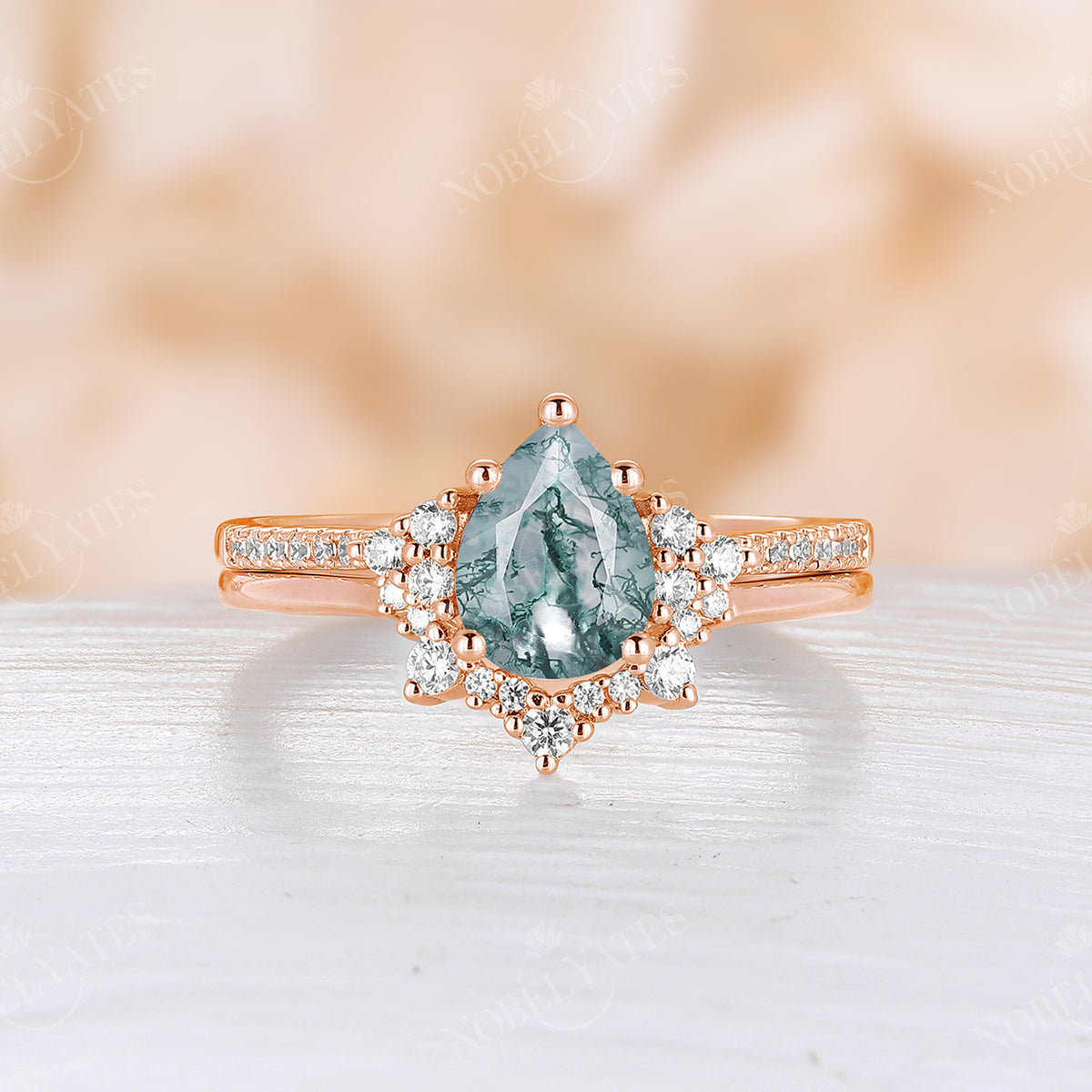 Moss Agate Pear Cluster Engagement Ring Set Rose Gold