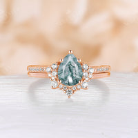 Moss Agate Pear Cluster Engagement Ring Set Rose Gold