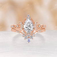 Vintage Pear Moissanite Celestial Moon Engagement Ring Set Rose Gold