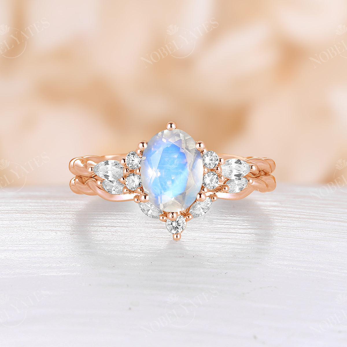 Vintage Oval Cluster Moonstone Rose Gold Twist Engagement Ring