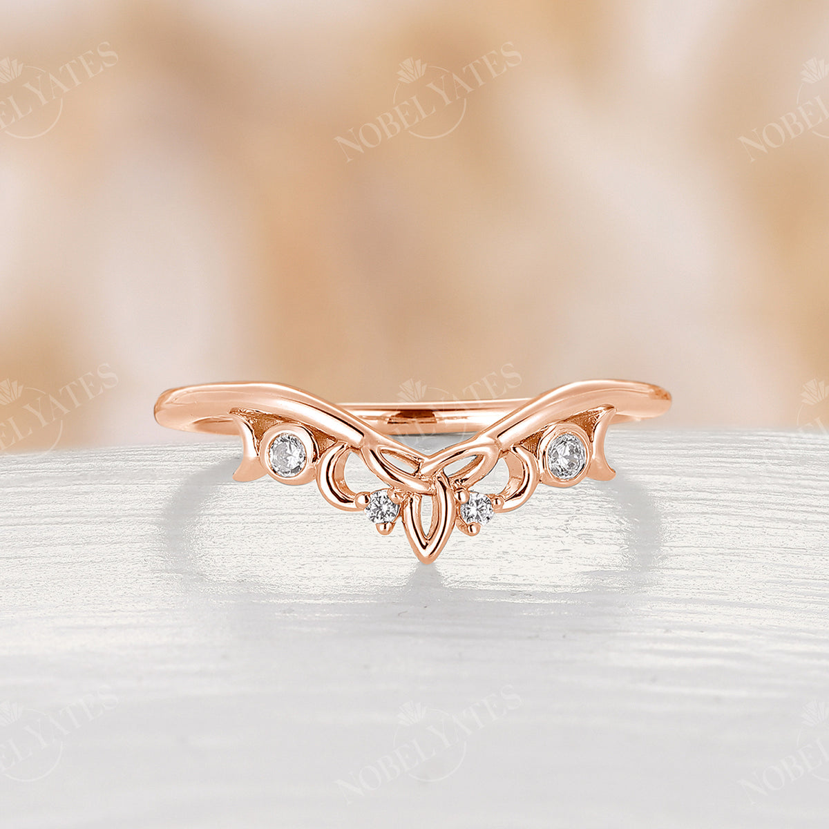 Celtic Style Round Moissanite Curved Wedding Band Rose Gold