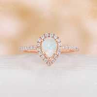 Halo Pear Opal Engagement Ring Moissanite Pave Rose Gold