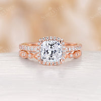 Cushion Moissanite Vintage Halo & Pave Engagement Ring Set Rose Gold
