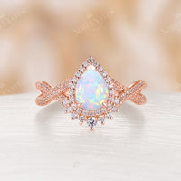 Pear Shape White Opal Rose Gold Halo & Twist Engagement Ring