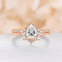 Pear Moissanite Vintage Cluster & Pave Engagement Ring Set Rose Gold