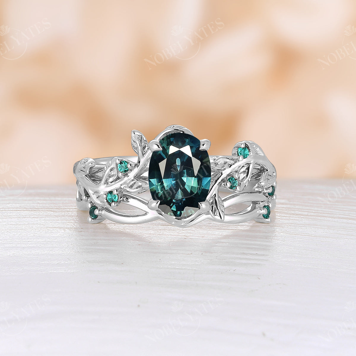 Teal Sapphire Rose Gold Leaves Engagement Ring Set Matching Band