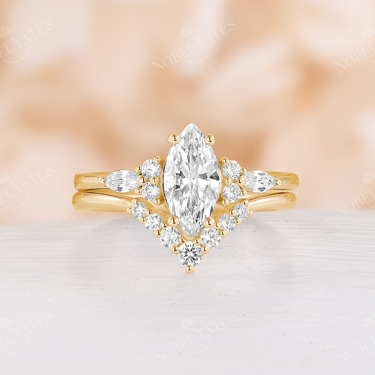 Marquise Moissanite Cluster Side Stones Engagement Ring Set