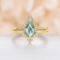 Art Deco Kite Moss Agate Rose Gold Cluster Engagement Ring Set