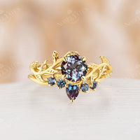 Solitaire Alexandrite Nature Leaf Curved Band Yellow Gold Bridal Set