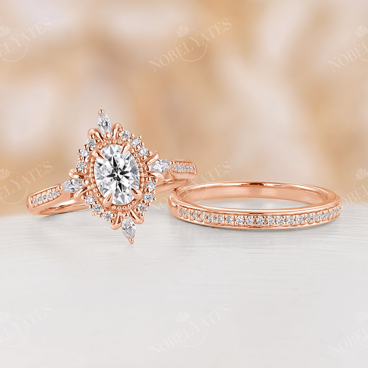 Oval Moissanite Milgrain & Pave Engagement Ring Set Rose Gold