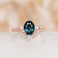 Natural Teal Sapphire Oval Rose Gold Bridal Set Curved Matching Band