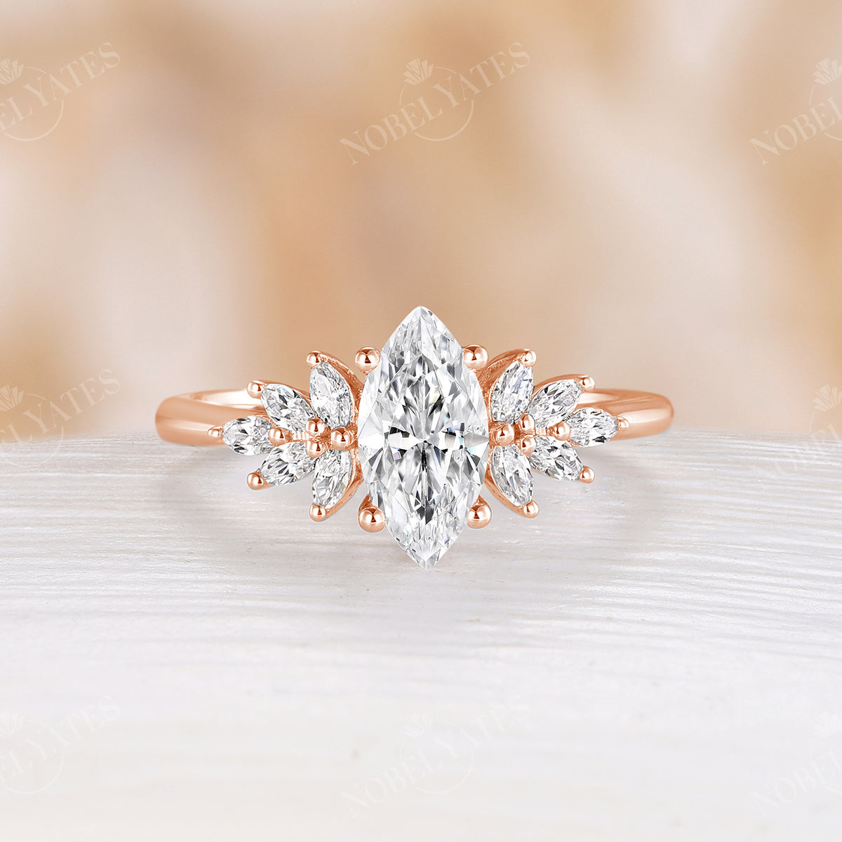 Cluster Marquise Moissanite Engagement Ring Rose Gold Side Stone