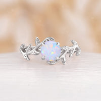 Nature inspired Round White Opal Leaf Engagement Ring Rose Gold