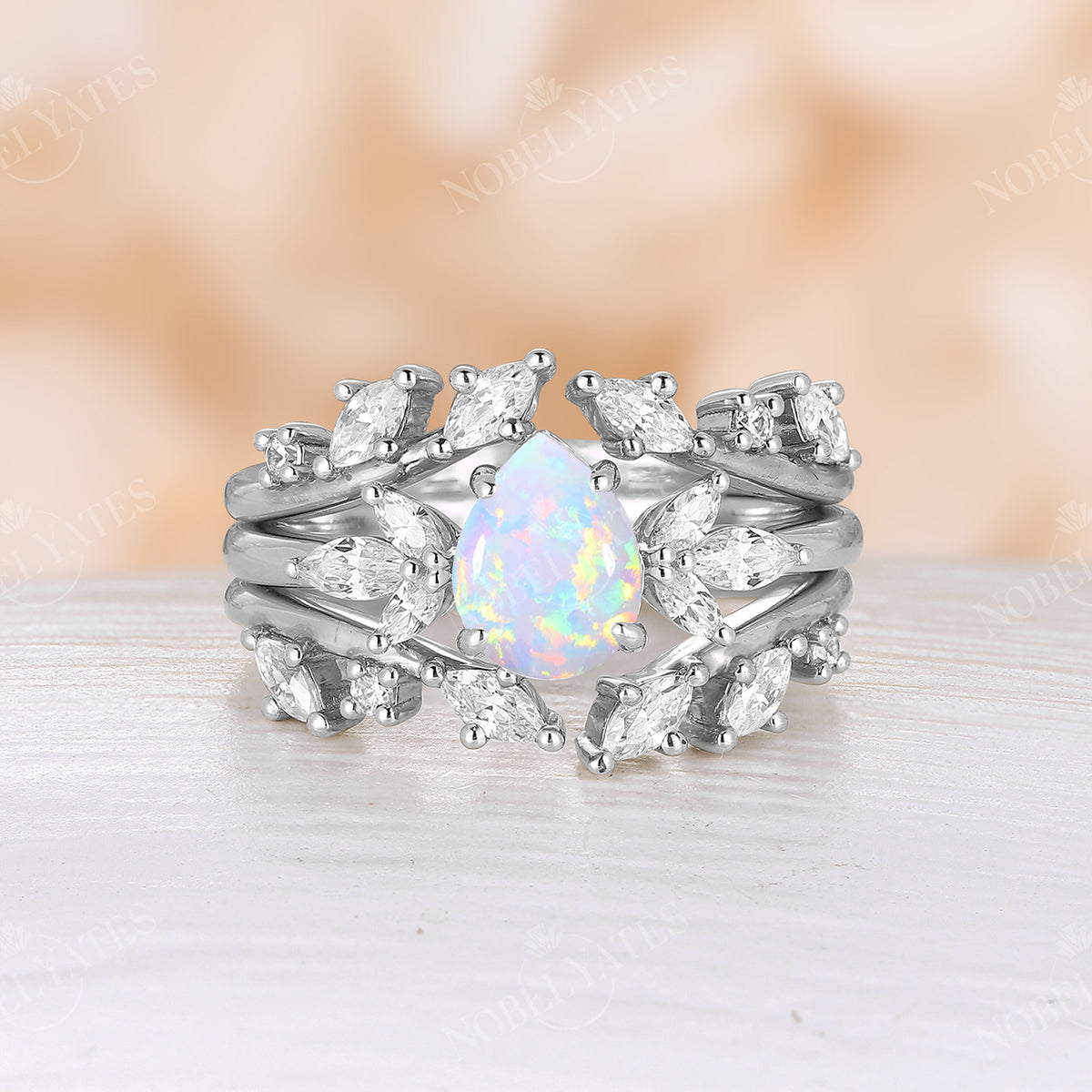 Pear White Opal Vintage Cluster Engagement Ring Set Rose Gold