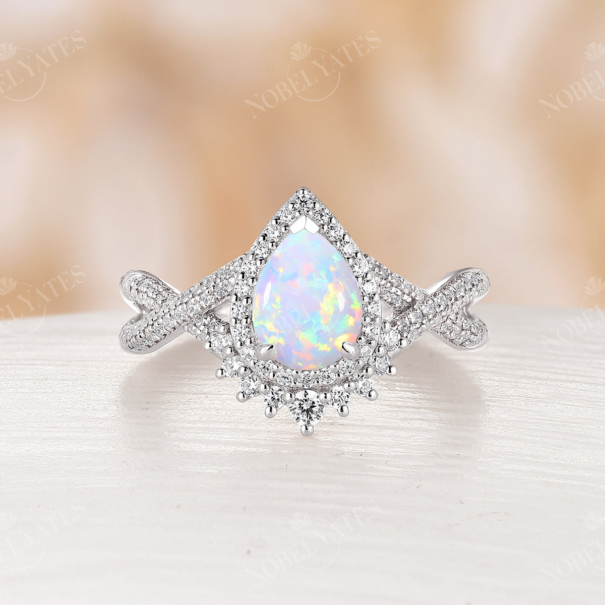 Pear Shape White Opal Rose Gold Halo & Twist Engagement Ring