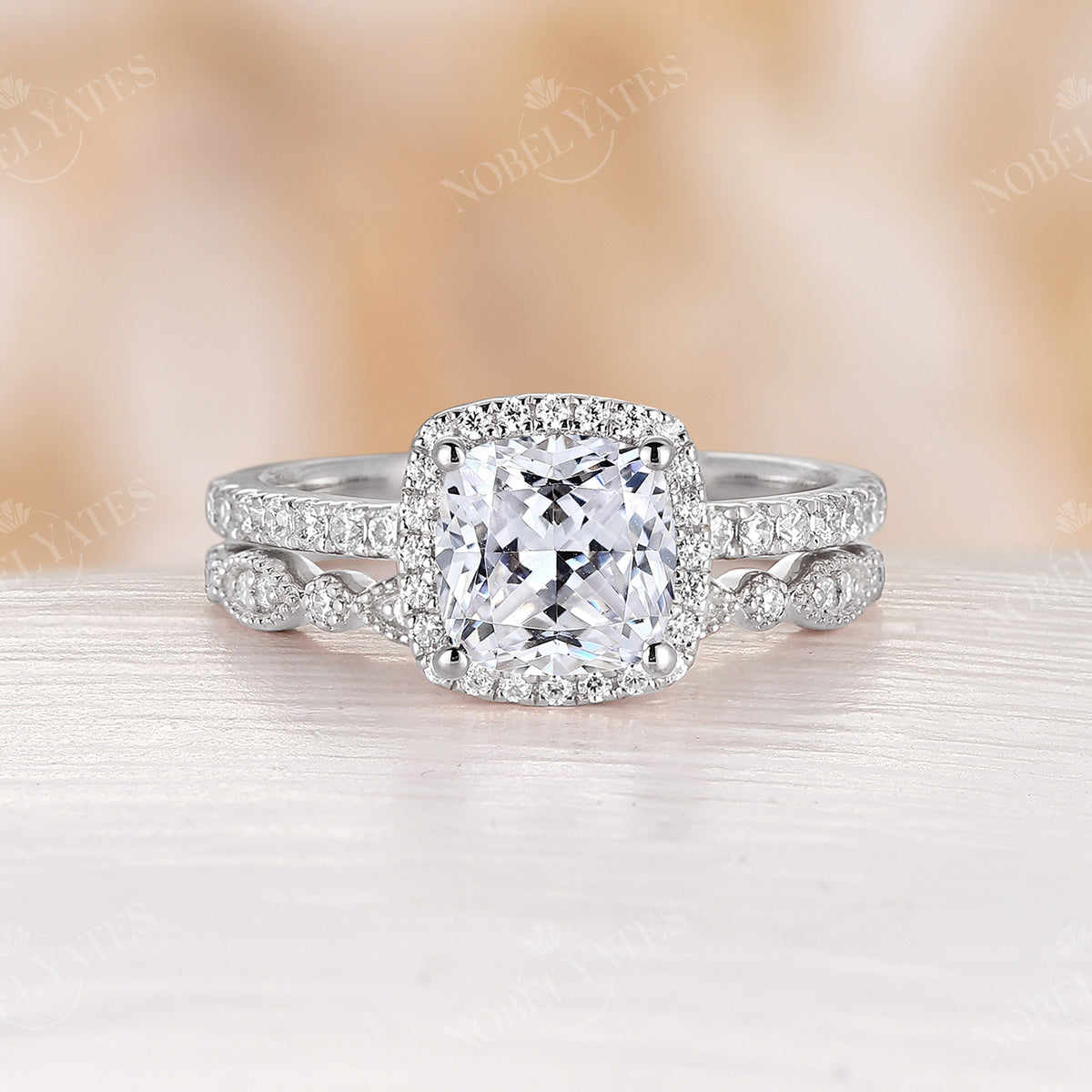 Cushion Moissanite Vintage Halo & Pave Engagement Ring Set Rose Gold