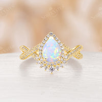 Pear Shape White Opal Rose Gold Halo & Twist Engagement Ring