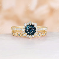 Natural Teal Sapphire Halo Engagement Ring Set Vintage Matching Band
