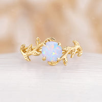 Nature inspired Round White Opal Leaf Engagement Ring Rose Gold