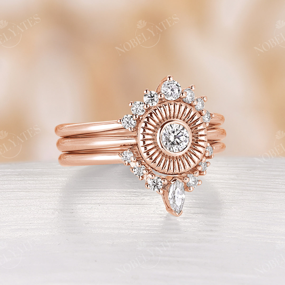 3PCS Round Moissanite Vintage Halo Engagement Ring Set Rose Gold