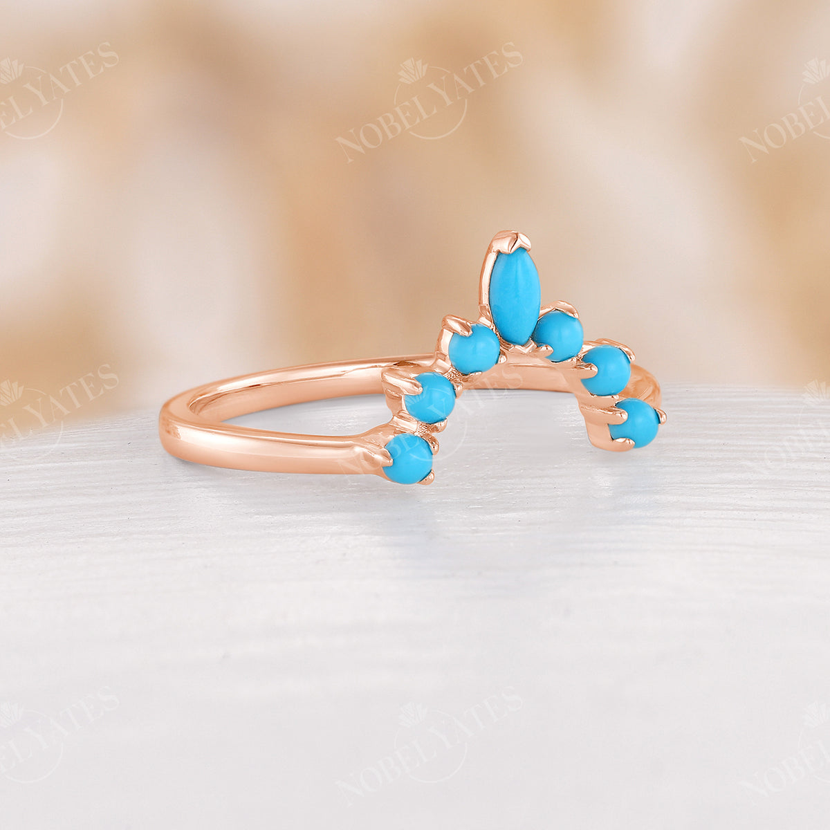 Marquise & Round Blue Turquoise Curved Wedding Band Rose Gold