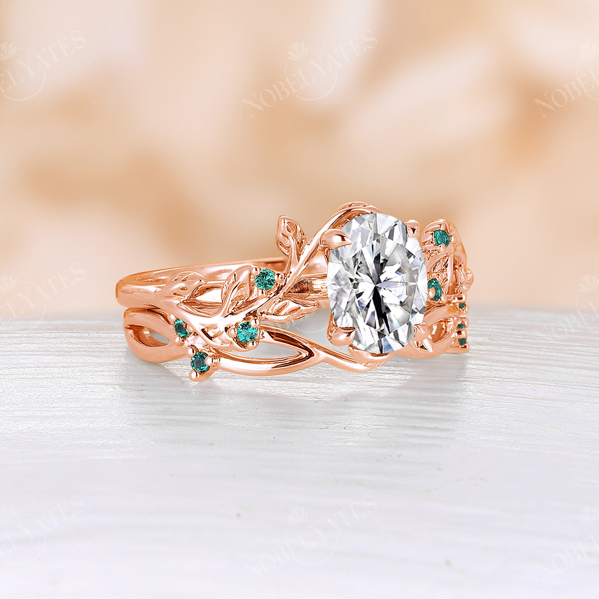 Nature Inspired Moissanite & Lab Emerald Rose Gold Leaf Engagement Ring