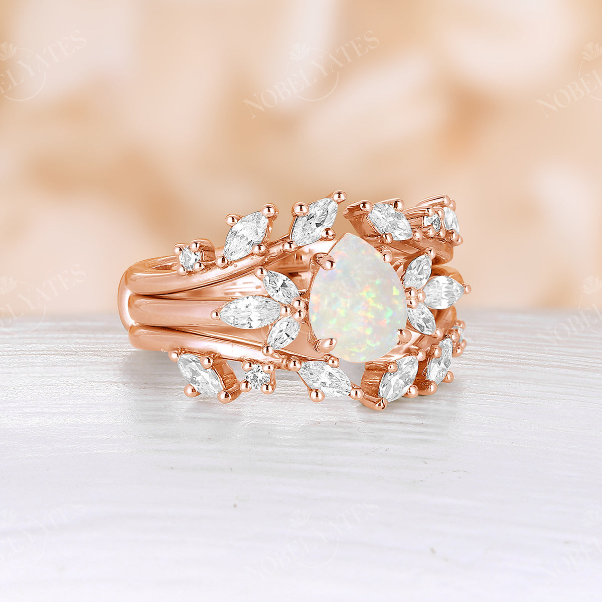 Pear White Opal Vintage Cluster Engagement Ring Set Rose Gold