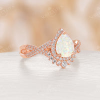 Pear Shape White Opal Rose Gold Halo & Twist Engagement Ring