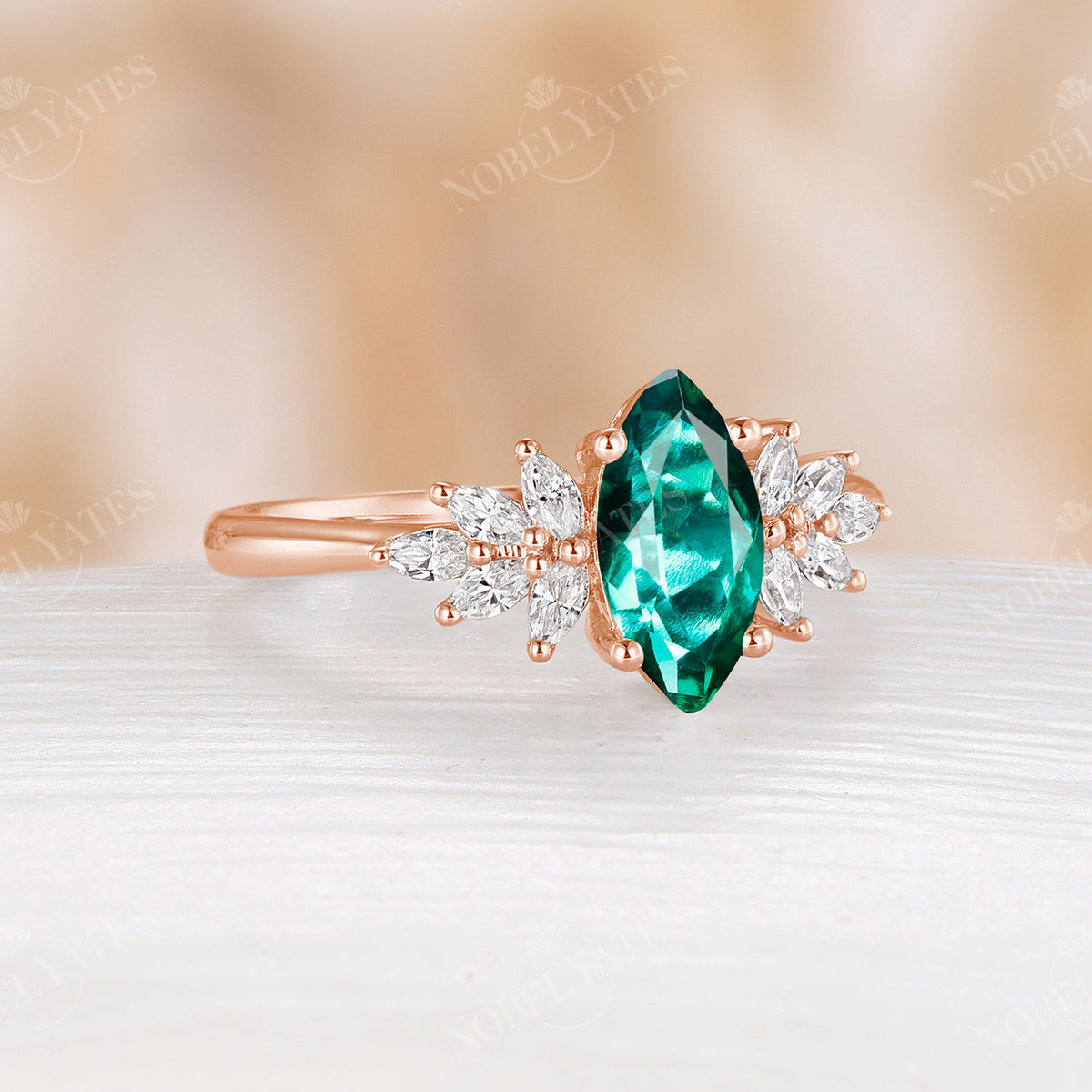 Marquise Cut Lab Emerald Engagement Ring Rose Gold Marquise Cluster Band