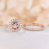 Orange Pink Morangite Halo Engagement Ring Set Rose Gold Band