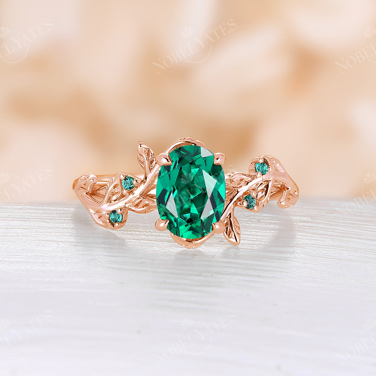 Nature Inspired Oval Lab Emerald Rose Gold Leaf Engagement Ring