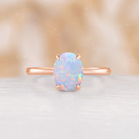 Classic Solitaire Oval White Opal Engagement Ring Rose Gold