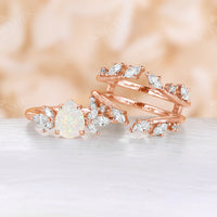 Pear White Opal Vintage Cluster Engagement Ring Set Rose Gold