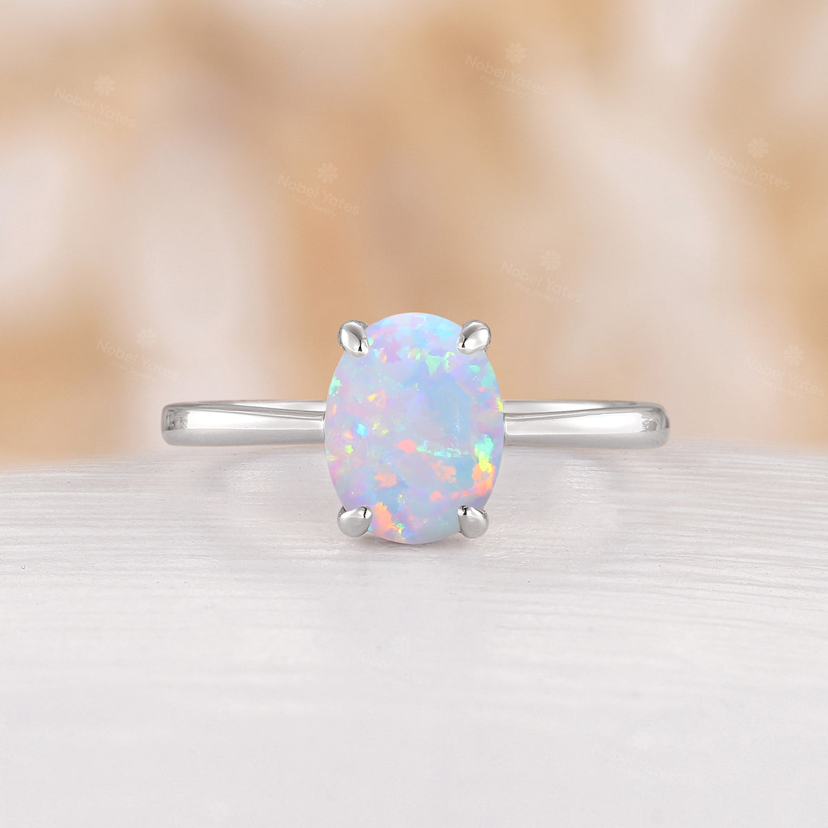 Classic Solitaire Oval White Opal Engagement Ring Rose Gold