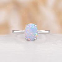 Classic Solitaire Oval White Opal Engagement Ring Rose Gold