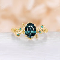 Nature Inspired Moss Agate & Lab Emerald Rose Gold Leaf Engagement Ring