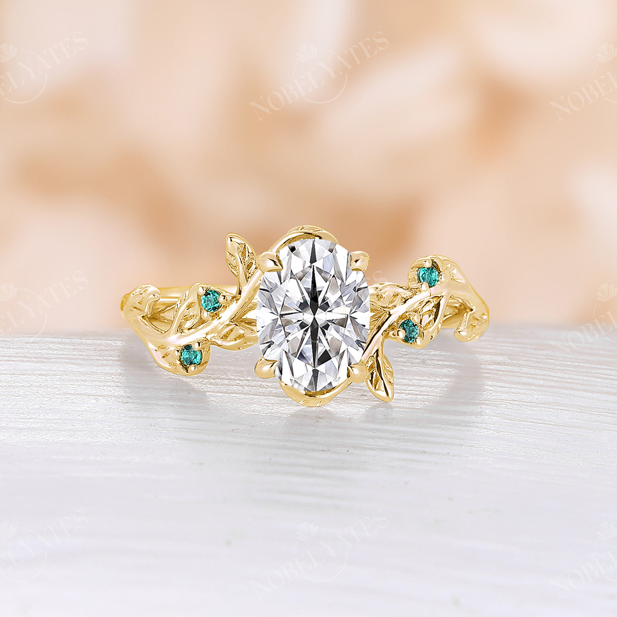 Oval Moissanite Bypass Leaves Design Engagement Ring Yellow Gold